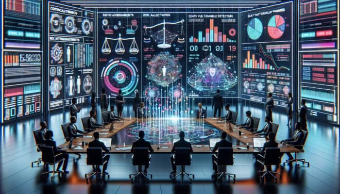 Professionals in a boardroom analyzing holographic contracts and risk charts on digital screens, with scales and networks symbolising risk allocation for virtual assistants.