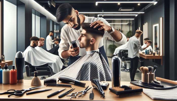 A professional barber demonstrates a precise buzz cut on a client using electric clippers in a modern salon with tools and mirrors.