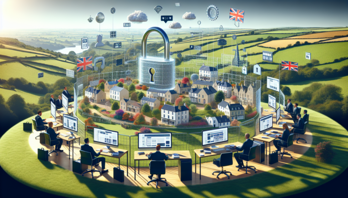 E-commerce Development Company in Shepton Mallet: Skilled developers in a quaint Somerset office design bespoke ecommerce sites on computers, featuring secure payment icons and British flags.