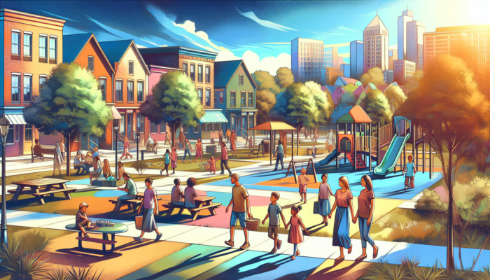 A vibrant suburban neighbourhood with children playing on playgrounds, families strolling tree-lined streets, and neighbours chatting in sunny parks.