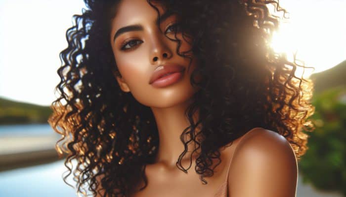 Mastering Wash-and-Go Styles: Close-up of a woman with hydrated natural curls in a chic wash-and-go style, enhanced by shea butter and aloe vera, glowing under sunlight.