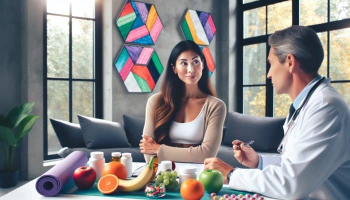 A middle-aged woman confidently discusses HRT with her GP in a modern UK clinic, surrounded by fresh fruits, yoga mats, and pill bottles.