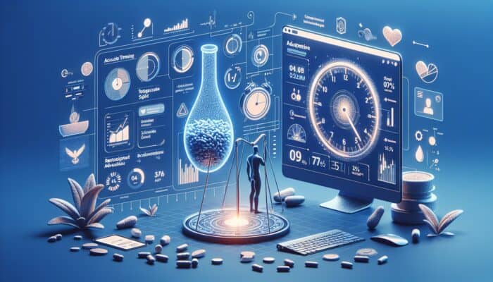 A user browsing a health supplement website with retargeted ads, featuring a ticking clock for timing and a balanced scale for frequency, promoting engagement.