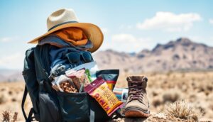 A backpack filled with hiking essentials—hat, scarf, sunglasses, snacks, and water—rests on dry desert ground near a hiking boot. Blurred mountains and blue sky evoke a sunny, arid landscape in Joshua Tree, perfect for a park road trip exploring nature’s wonders.