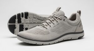 A pair of light gray Xero Shoes featuring mesh uppers, black and white rubber soles, and the brand name on the side. One shoe is upright; the other is on its side, showcasing the tread pattern designed for all-day comfort.