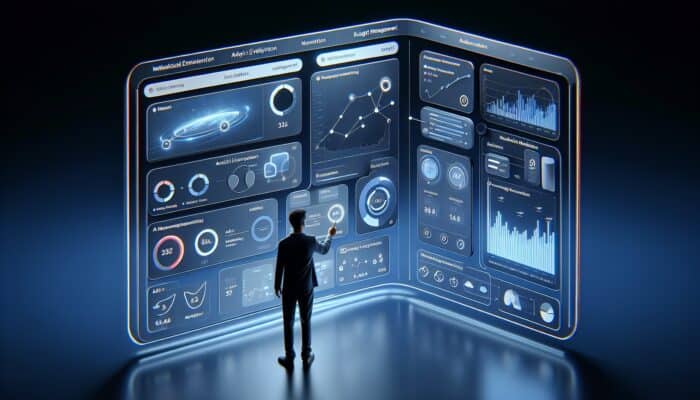 A sleek digital dashboard for an advertising platform, featuring intuitive sections for ad creation, analytics graphs, and budget management, with a focused marketer navigating efficiently.