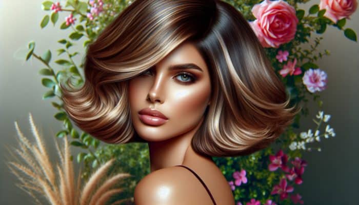 A stylish woman with a blended butterfly bob haircut, featuring voluminous face-framing layers, soft waves, highlights, and shine in natural sunlight against flowers.