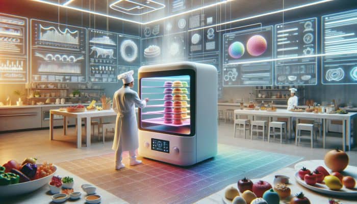Chef in white lab coat assembles sleek 3D food printer in futuristic kitchen, with colourful desserts emerging, digital interfaces, and fresh ingredients.