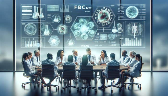 Experts discussing the FBC Test in a modern Wigan conference room with holographic blood samples, graphs, and lab equipment under soft lighting.
