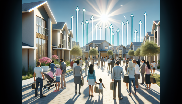 Vibrant street in Aliwal North: modern entry-level homes under construction, diverse families viewing properties, rising arrows symbolising market growth under sunny sky.