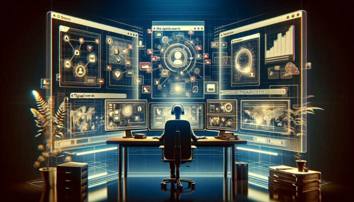 A virtual assistant's workspace with screens showing document version timelines, tagged search results, and a grid of organized folders for productivity.