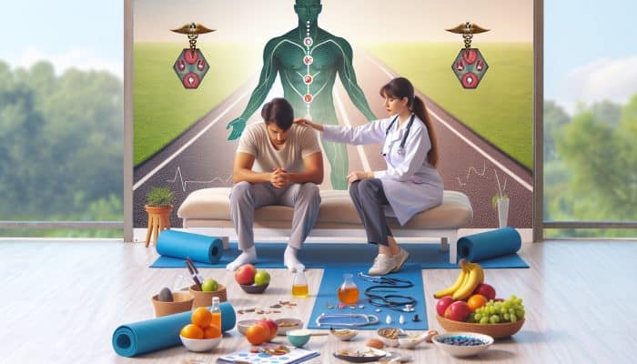 A diverse doctor in a UK clinic administers HRT to a patient, surrounded by fresh fruits, yoga mats, and jogging paths symbolizing health improvements.