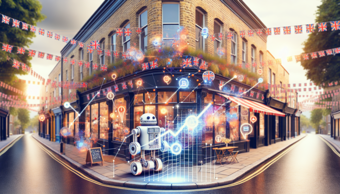 Bustling London street with a quaint small business shop draped in Union Jack bunting, overlaid with rising SEO graphs, crawling robots, and keywords like local SEO.