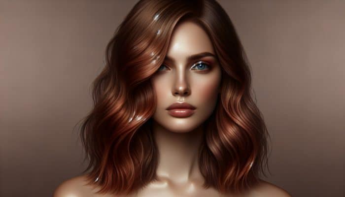 Close-up of a woman with muted auburn hair in soft waves, showcasing the blend of cool undertones and warm red hues for a versatile and elegant look.