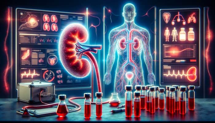 Kidney Blood Test in Leyland: A glowing human kidney intertwined with blood vessels, surrounded by vials labeled creatinine and urea in an NHS lab, symbolising early CKD detection.