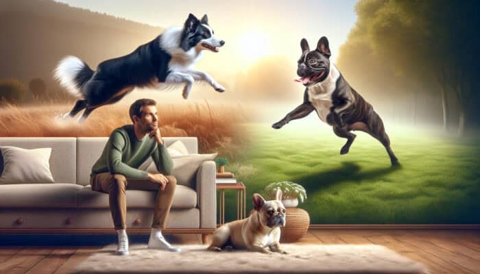 Person thoughtfully evaluating purebred dogs: energetic Border Collie leaping in a field, relaxed French Bulldog on sofa, with trait charts.