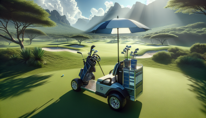 A golfer adjusts a customized golf push cart on a sunny South African course, featuring an umbrella holder, cooler bag, and scorecard holder.