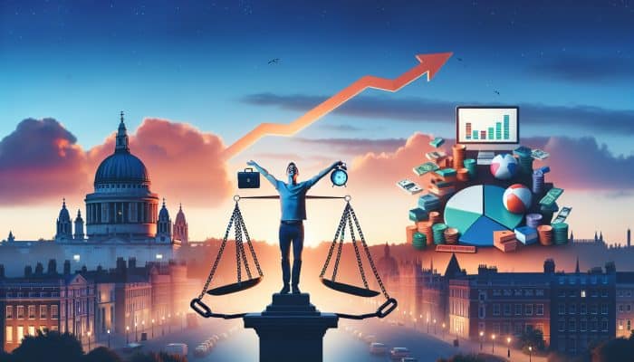 A serene UK cityscape at dusk shows a relieved person breaking debt chains, holding a work-leisure scale, with a computer displaying rising credit scores.
