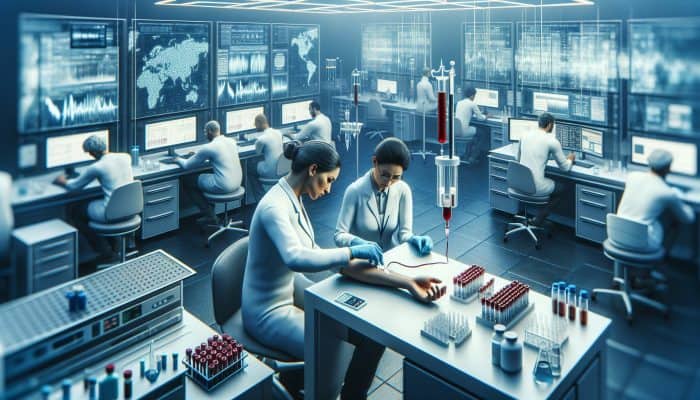 A phlebotomist in a sterile Kenilworth lab draws blood for fertility testing, surrounded by high-tech equipment and professionals analyzing results.