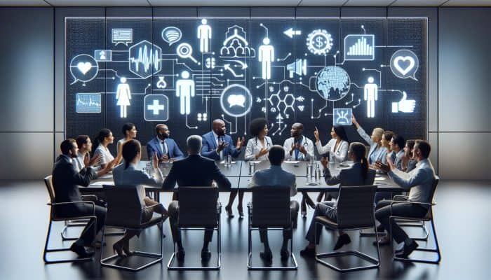 Diverse experts, including doctors and psychologists, discuss men's health and communication around digital screens in a modern conference room.