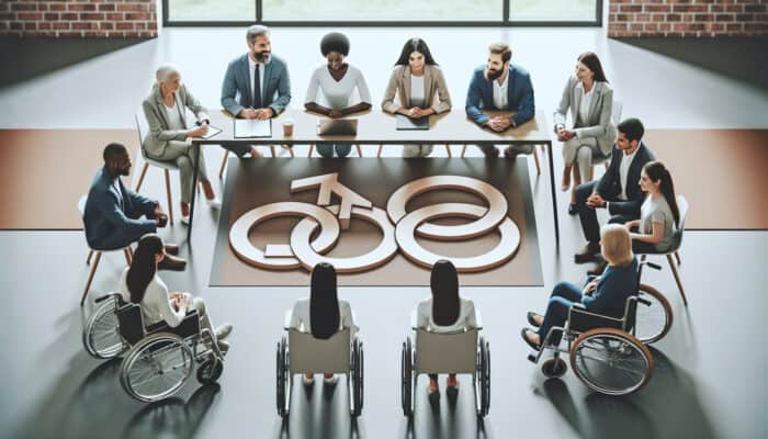 A diverse group of professionals from various ethnicities, genders, and abilities reviews resumes in an accessible office, symbolising inclusive hiring.