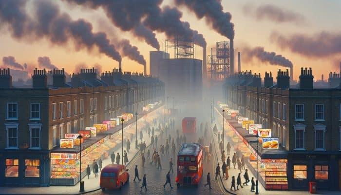 Bustling London street at dusk, with people hurrying past fast-food stalls laden with sugary snacks amid thick smog.