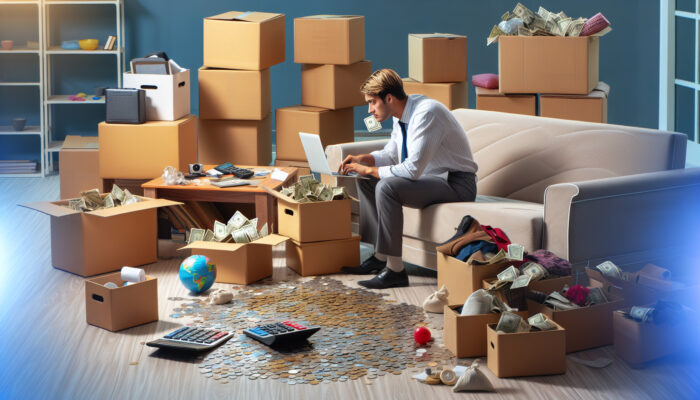 A focused individual sorting boxes in a cluttered living room, reviewing a budget spreadsheet on a laptop with coins, notes, and calculator.