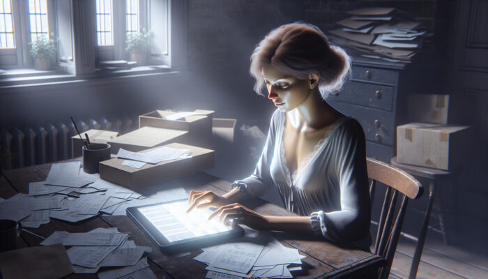 A calm British woman at a wooden desk in a cluttered home, using a tablet app to track budgets amid moving boxes and receipts.