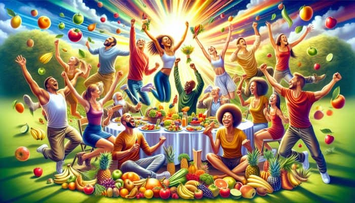 Illustration of diverse individuals enjoying fresh fruits and vegetables outdoors, exuding energy and vitality through glowing auras.