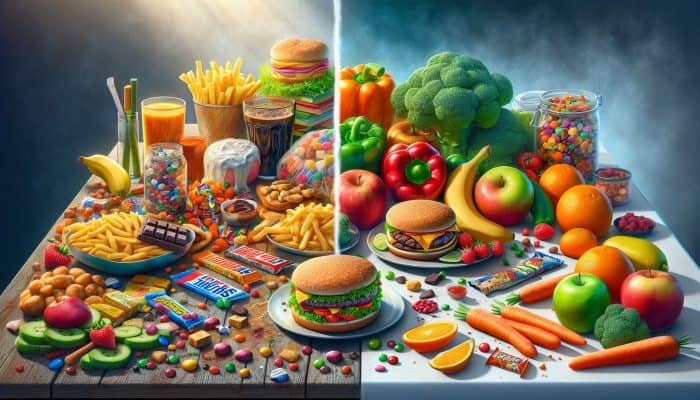 A split-image illustration: one side depicts cluttered processed foods like fast food and snacks causing fatigue; the other side, vibrant fresh fruits and vegetables radiating energy.
