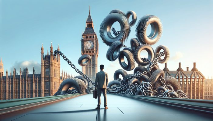 Illustration: A person in London near Big Ben watches tangled debt chains merge into a single gear, symbolising UK financial relief.