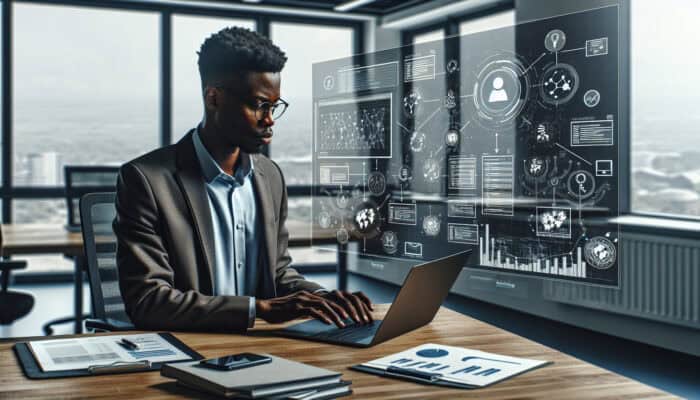 A focused project manager in a modern Johannesburg office creates a VA onboarding guide, with laptops showing software, scattered documents, and a whiteboard of protocols.