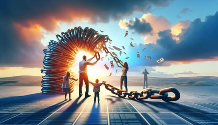 A stressed parent merges scattered debt chains into a glowing rope, with family embracing under a hopeful sunrise, symbolising financial relief and unity.