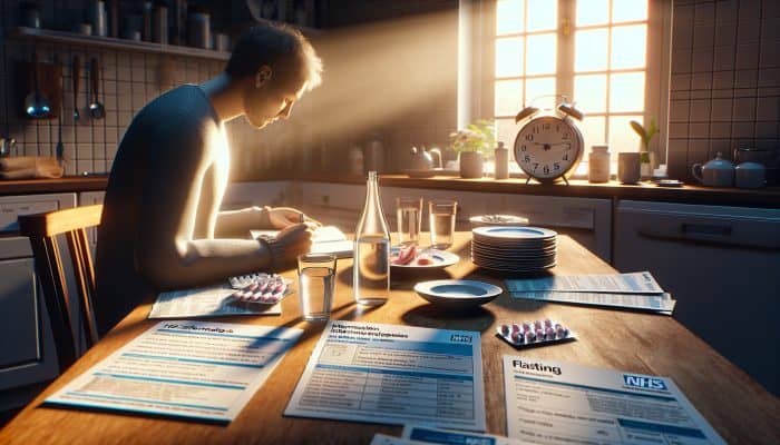 A patient in a sunlit kitchen at dawn, fasting with an empty plate and water, writing a medication list in a notebook, surrounded by NHS pamphlets and a clock showing eight hours.