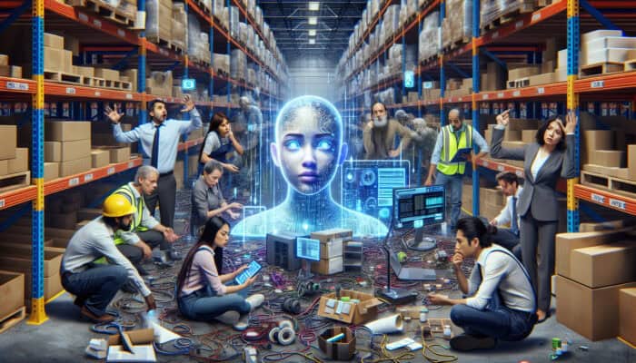 Chaotic warehouse: frustrated workers frown at glitchy AI hologram, untangle wires, and discuss protocols amid cluttered shelves.
