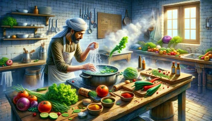 In a bustling kitchen, a chef washes fresh vegetables, chops colorful herbs on a board, and measures spices with steam rising and vibrant produce around.