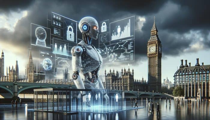 An AI robot in a London financial hub analyses debt data on screens, with shattered locks, unbalanced scales, and stormy Big Ben.