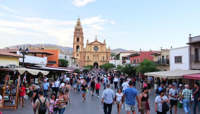 A lively main square in San Miguel de Allende, showcasing vibrant local life with artists, families, and tourists, and featuring the iconic Parroquia de San Miguel Arcángel in the background.