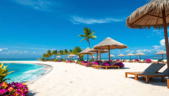 A luxurious beachfront resort during the dry season, featuring vibrant tropical flowers, sun loungers under thatched umbrellas, and a clear blue sky.