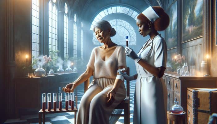 A middle-aged woman undergoing a menopause blood test in a serene Droitwich Spa clinic, with a nurse and calming spa features.