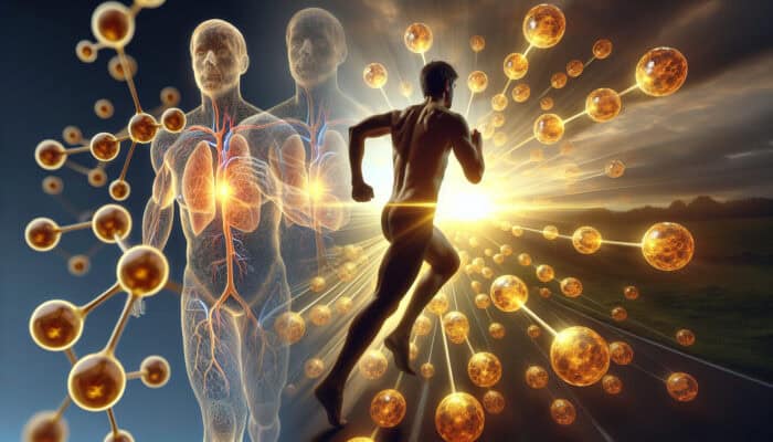 Glowing golden CoQ10 orbs surge through a bloodstream, transforming a tired athlete into an energetic runner in a sunrise scene, boosting vitality.