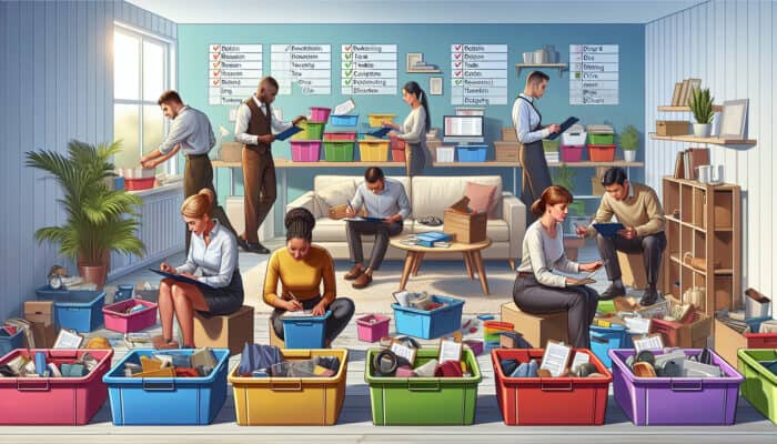 Professional organizers in a sunlit, cluttered living room sorting items into color-coded bins labeled keep, sell, donate, dispose, using a checklist.