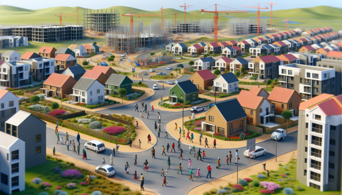 Vibrant Bloemfontein neighbourhood with entry-level homes, families viewing properties, construction sites, new roads, and parks.