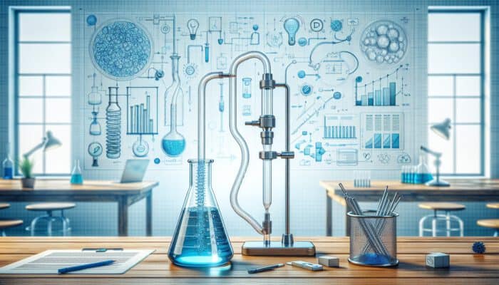 Illustration of a siphon guide: clear tube transferring blue liquid from jar to beaker, with step-by-step diagrams and user in a bright lab.