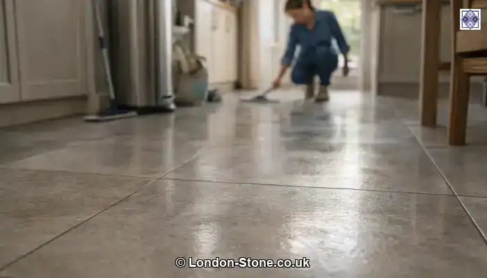 Porcelain Floor Restoration: A porcelain floor in a lived-in London kitchen displaying haze and patchy reflections as it dries.