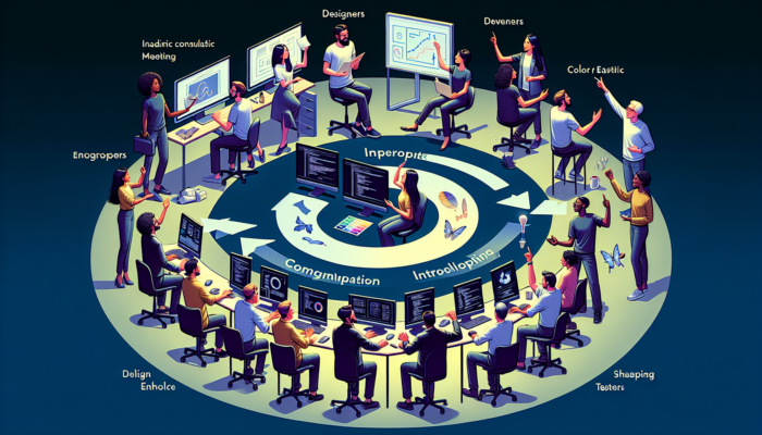 Flowchart illustrating UK WordPress agency timeline: diverse team consulting, designers iterating prototypes, developers coding, testers checking functionality, and celebratory launch.