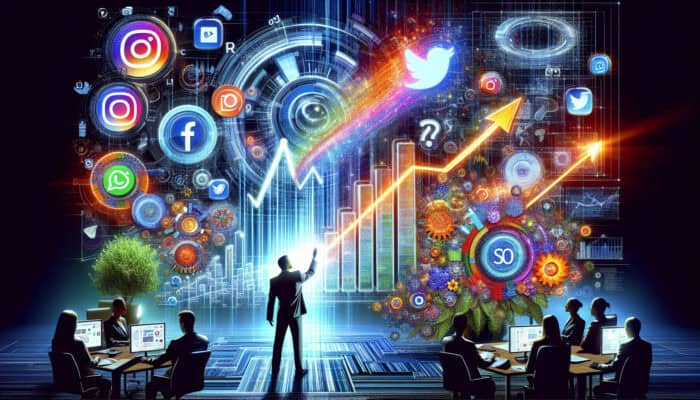 An influencer and SEO expert collaborate in a modern office, with social media icons exploding into rising search graphs.