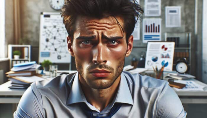 Close-up of a young professional in a cluttered office showing stress: furrowed brows, clenched jaw, sweat on forehead, tense shoulders, and rapid breathing.