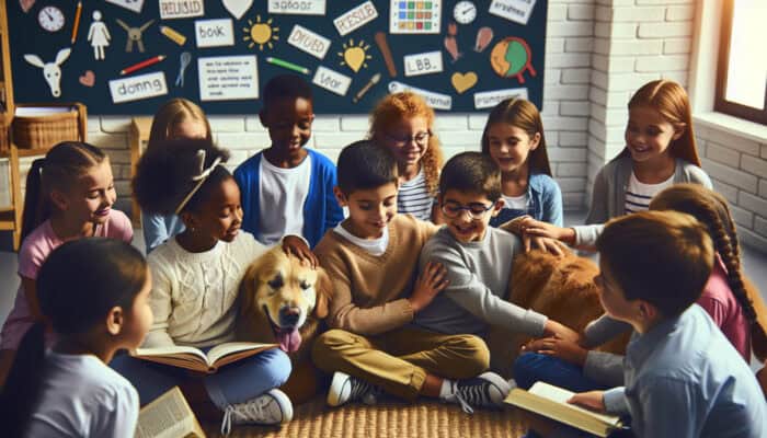 A golden retriever therapy dog sits in a cozy classroom as a student reads aloud, with children joyfully petting it.