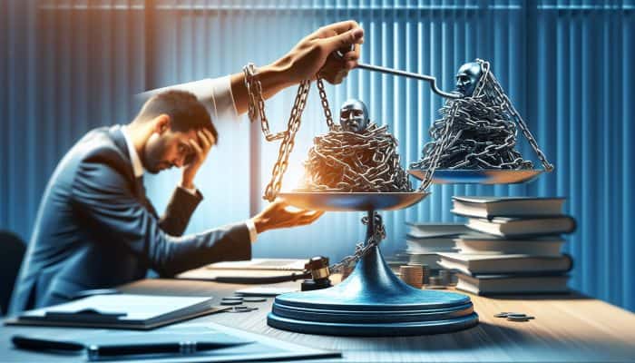 Guarantor Debt Consolidation Loans Explained: Key Insights | DCL A stressed borrower in a modern office hands tangled debt chains to a confident guarantor balancing them on a scale, symbolizing relief and unity.